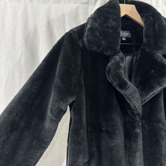Coffee Shop Black Faux Fur Coat Womens Size M Cozy Pockets Classic Fancy - Picture 6 of 14